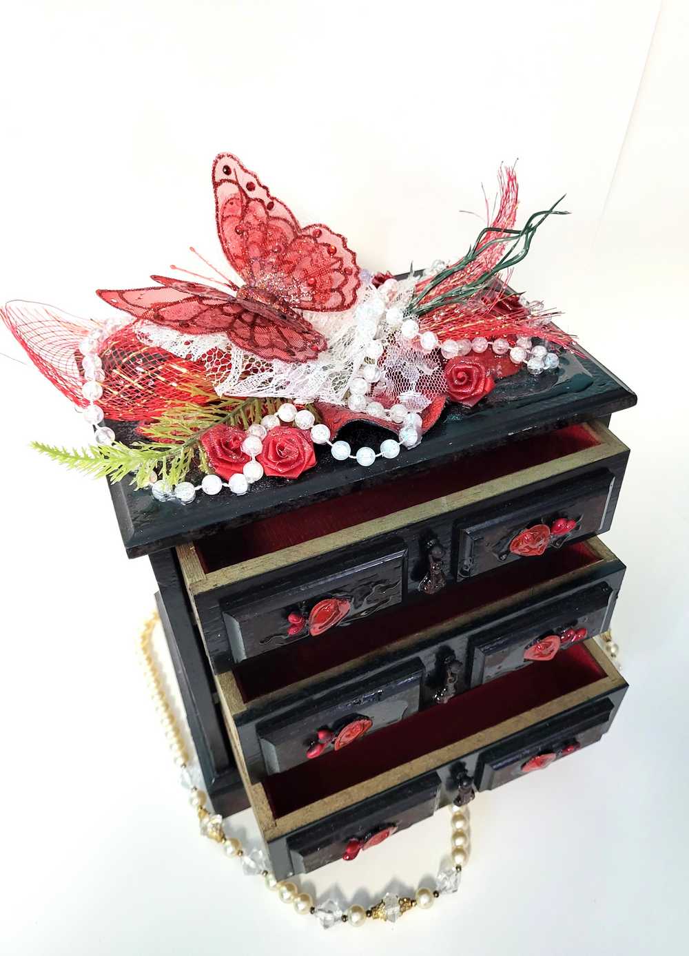 Black & Red 3 Drawer Ladies Jewlery Box with a Red Butterfly, Red & White Lace with Hearts on the Handles