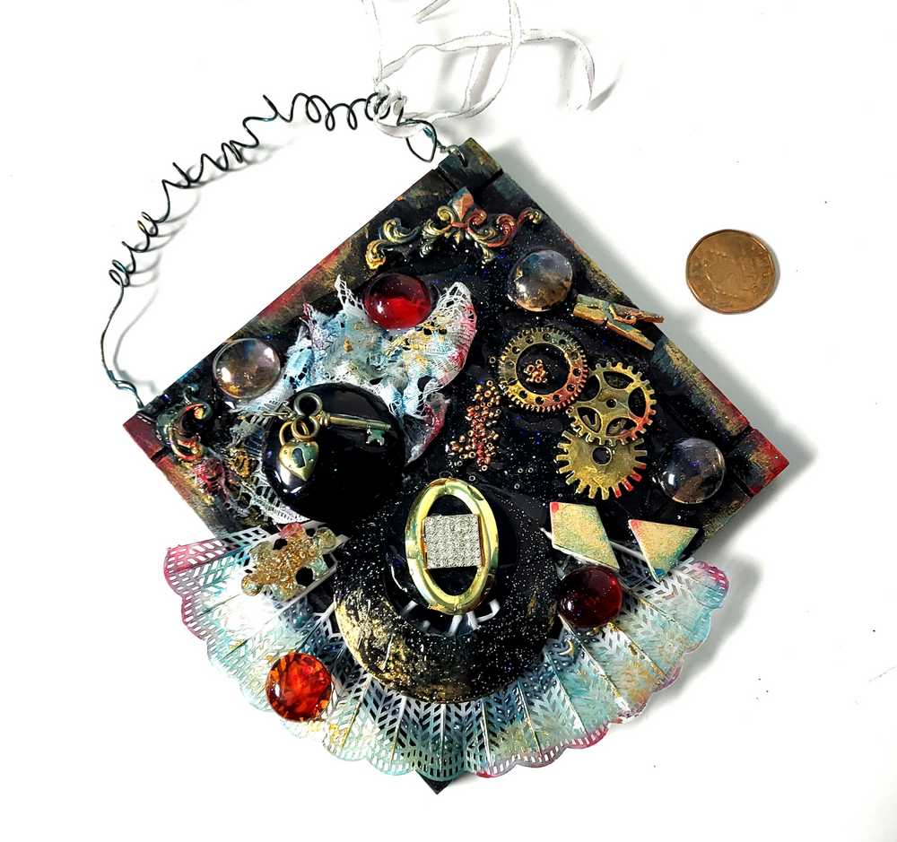Black Gothic Wall Plaque with Gears, Buttons, Lace, Keys and Recycled Jewelry, Curly Wire for Hanging