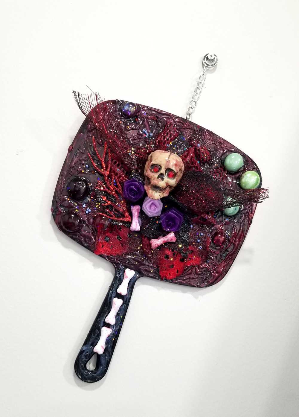Black Hand Mirror, with Skull, Bones, Black & Red Lace, Goth Art