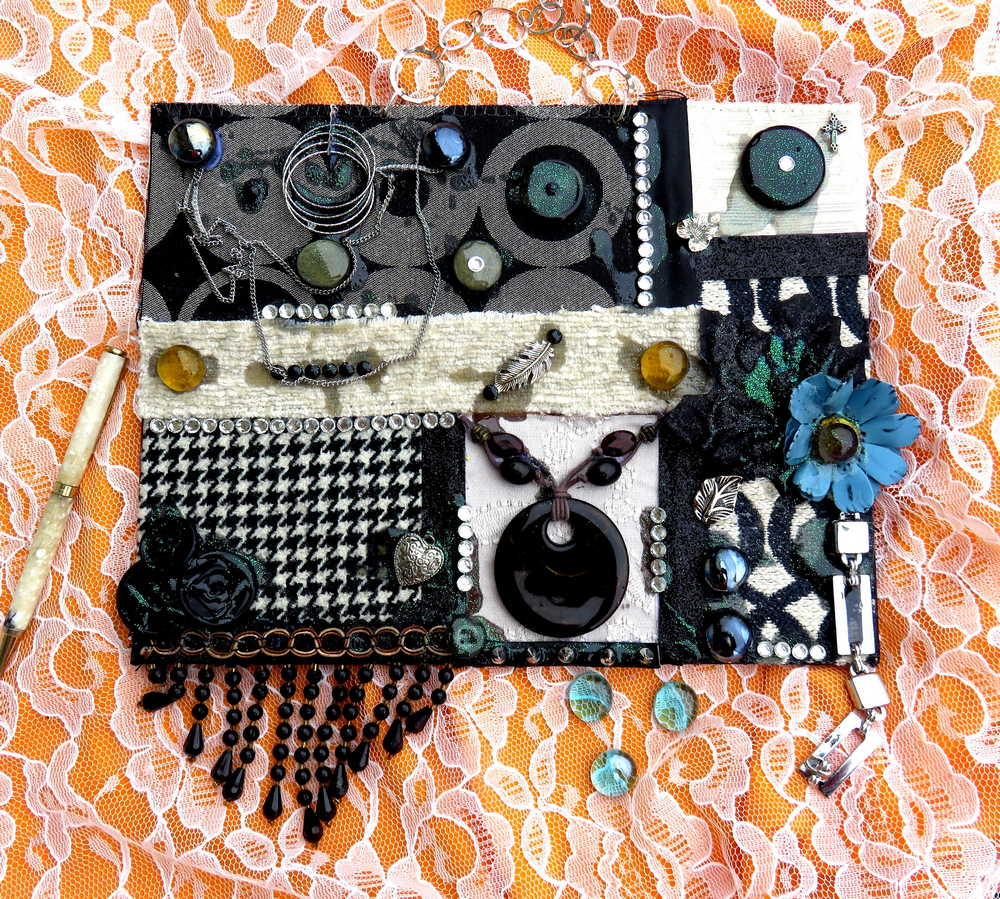 Wall Decor Using Pieces of Fabric, Recycled Jewelry, Chains & Flowers