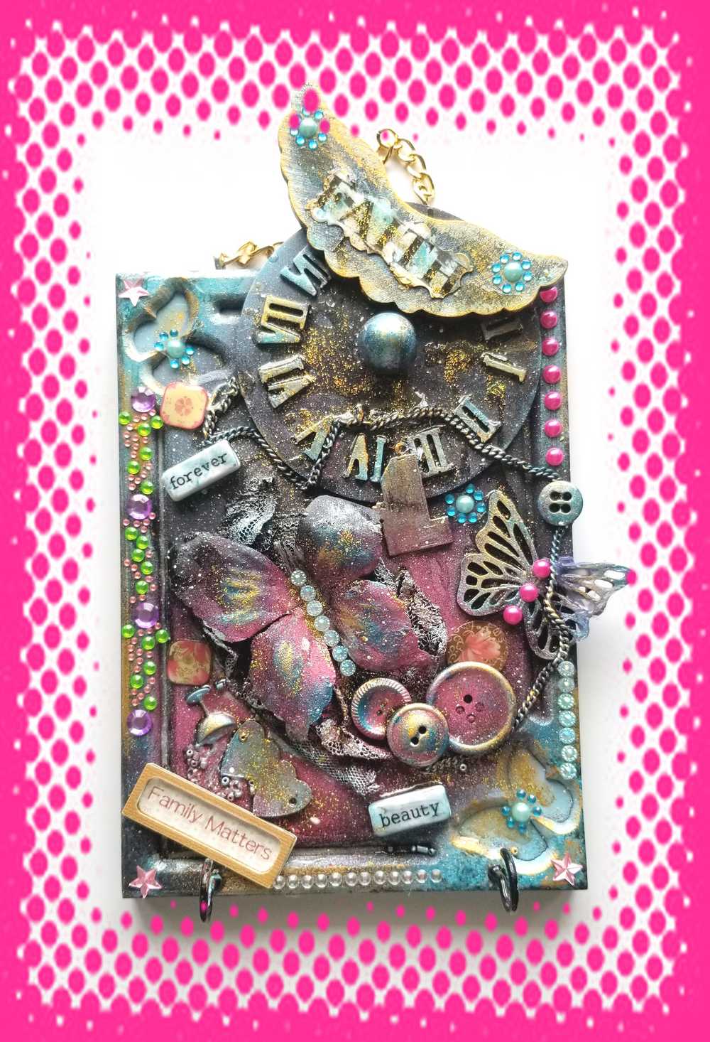 "Faith" Wood Wall Decor With Clock Face, Angel Wings & Butterflies, with Key Hooks