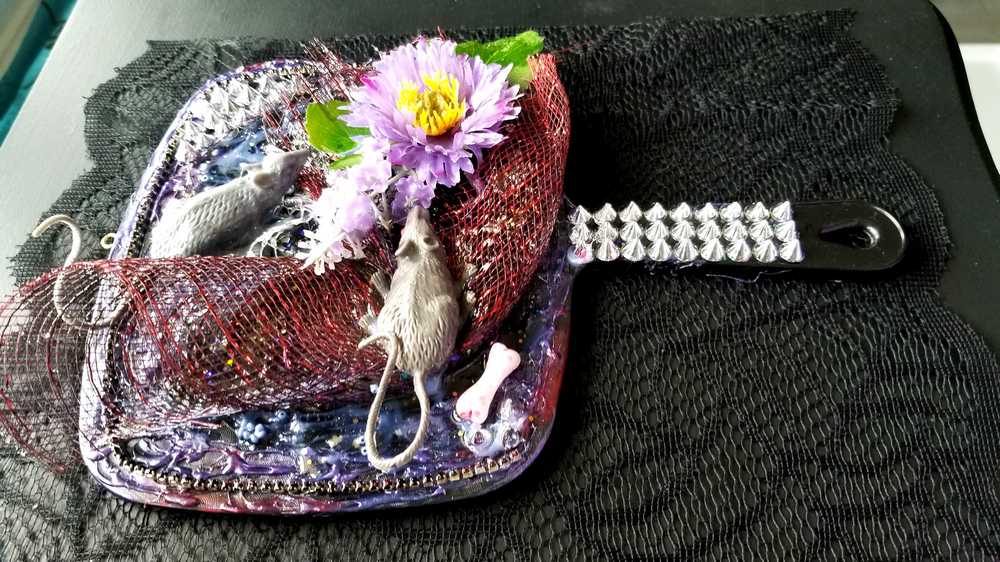Black Studded Hand Held Mirror with Rats and Purple Flowers. Punk Art
