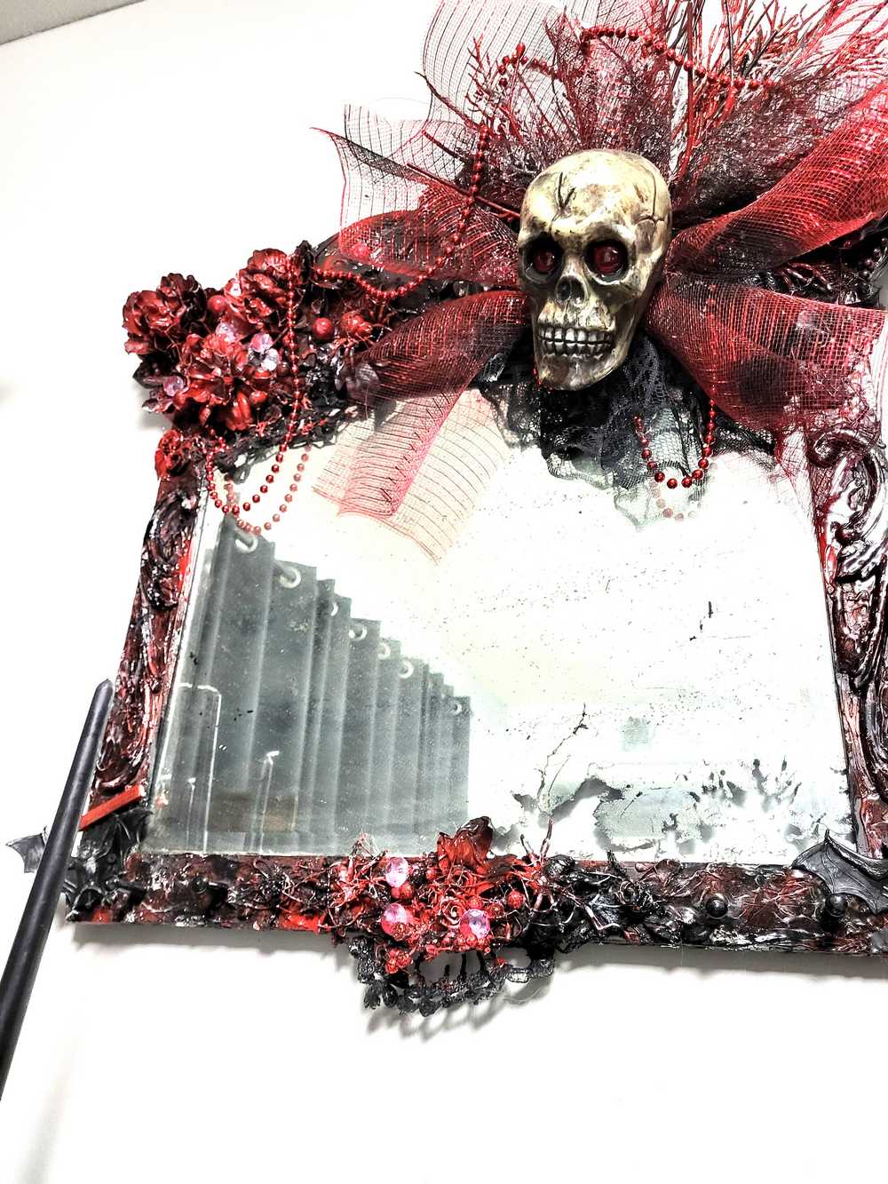 Large Antique Refurbished Skull Mirror in Red and Black with Bats & Spiders