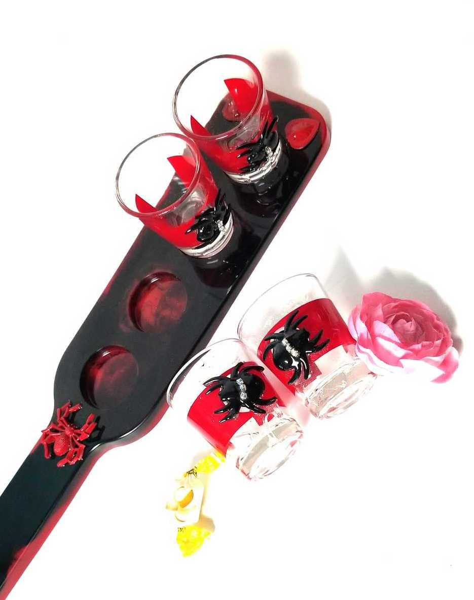 4 Shot Glasses in Red with Black Spiders with Rhinestones
