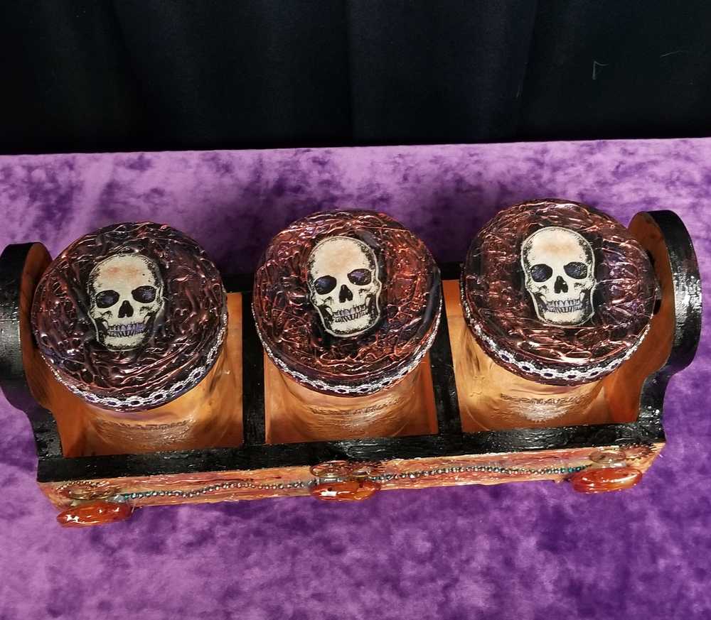 3-500ml Glass Jars with Lids, in a Wooden Box with Skulls, Candy Jars, Bathroom Accessories