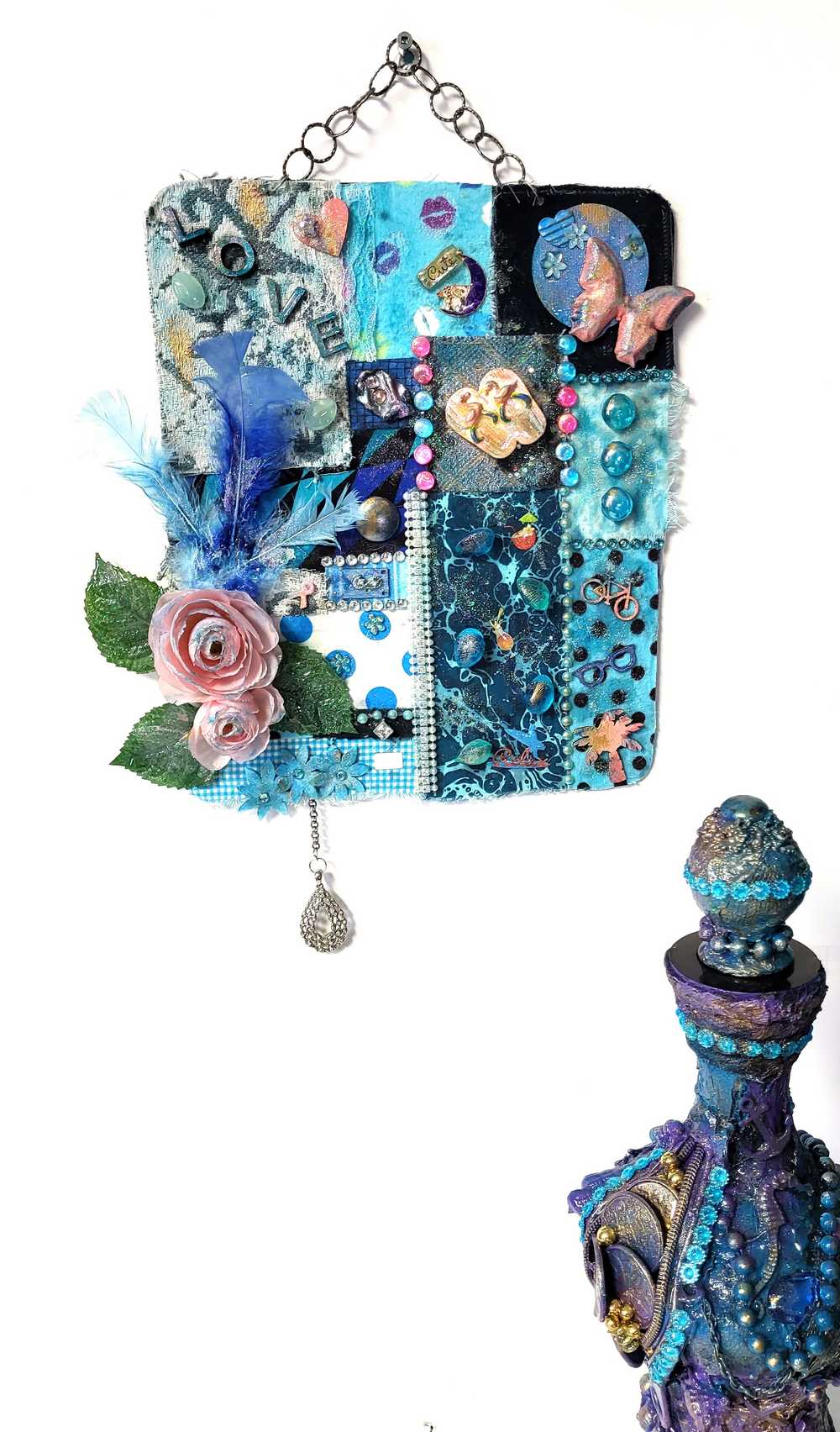 "SWEET TREAT" Wall Collage Hanger using Fabrics in Soft Blues and Teals, Wall Art