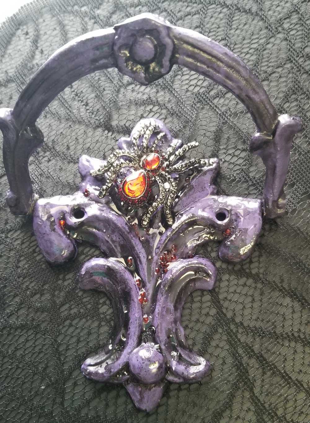 Antique Heavy Metal Door Knocker Painted Deep Purple with Red Studded Gemstone Spider