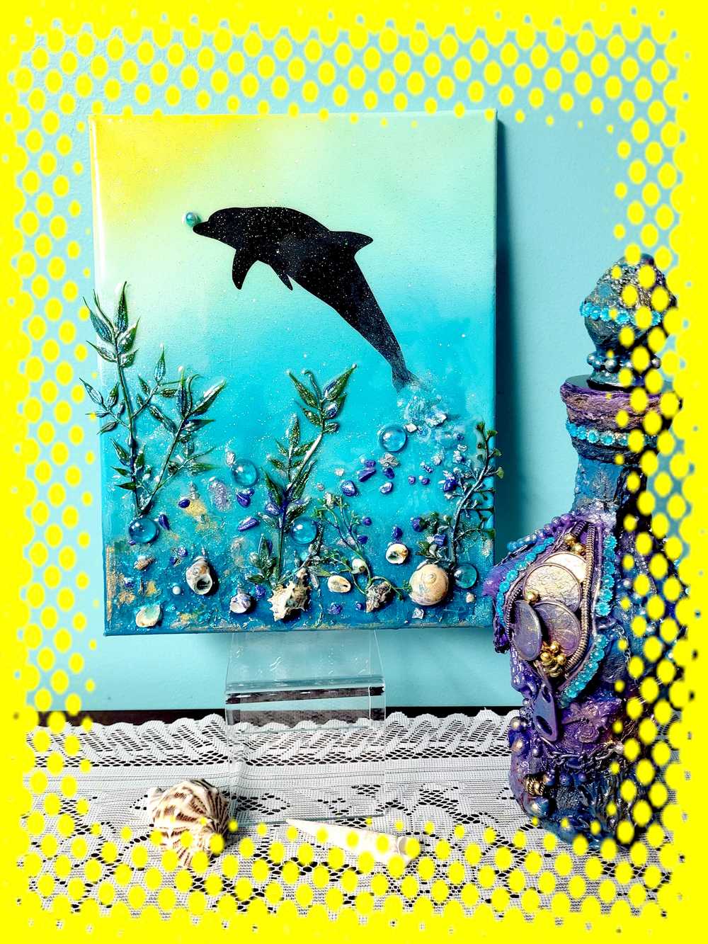 3D Canvas Resin Art with a Silhouette of a Dolphin, Seashells, Rocks and Foliage, 30 x 40 cm