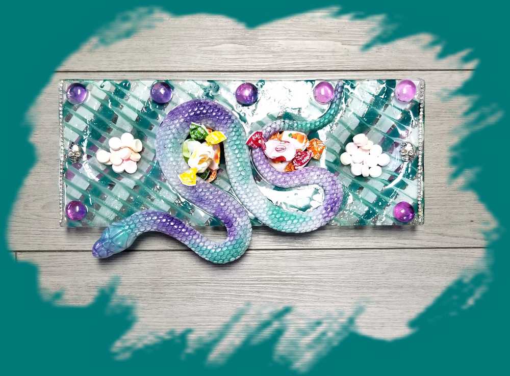 Teal & Purple Glass 4 Candle Holder with Resin Snake, Candy Dish