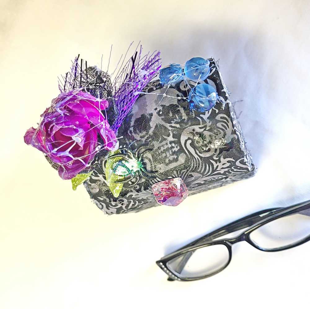 Hump Back Jewelry, Stash, Trinket Box, Covered with Black Skull Fabric, a Purple Rose, Blue Glass Cabochons, Spider,