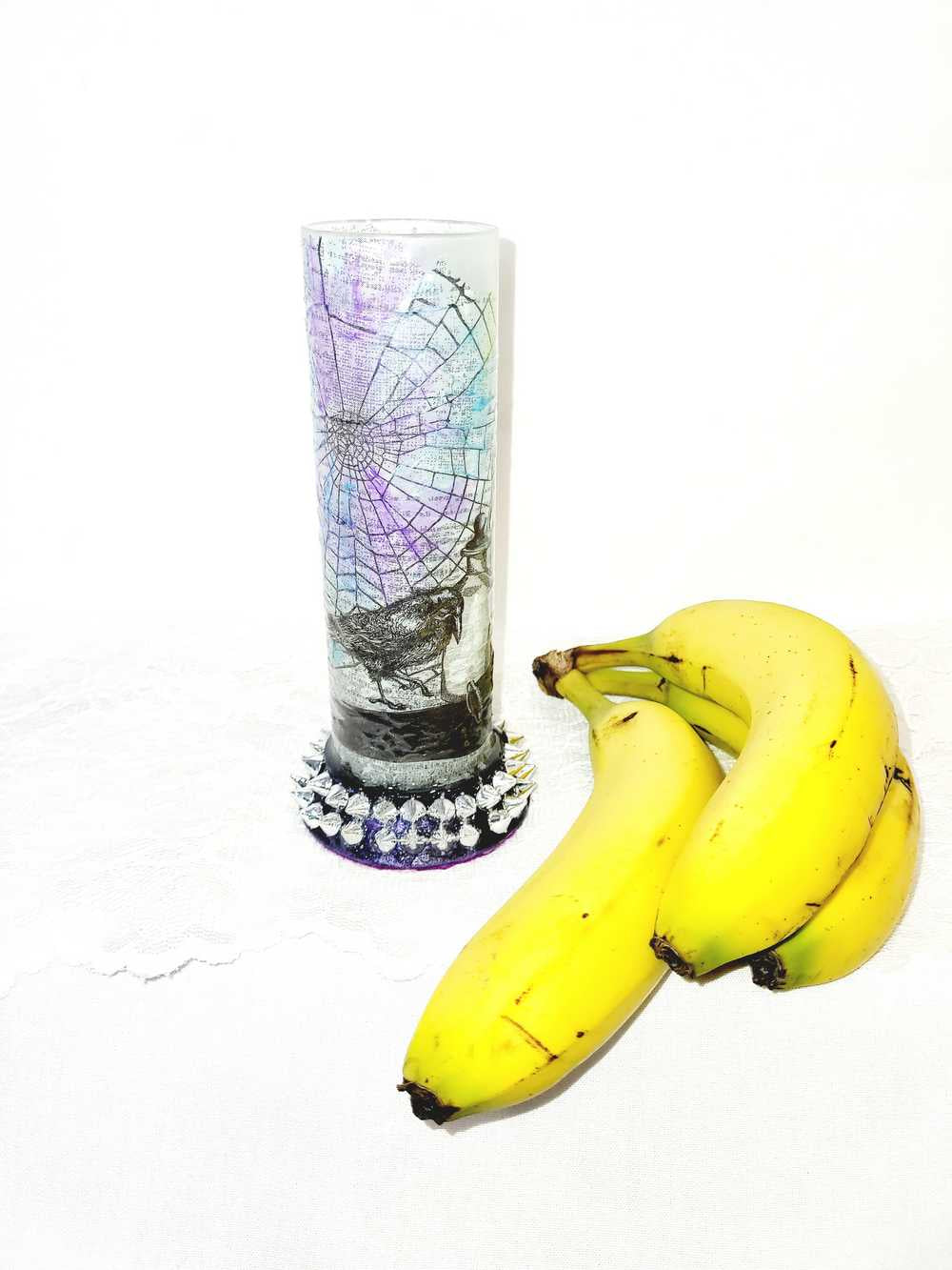Glass Vase with Decoupage Crow, Potion Bottles, Candles, Cobwebs and Silver Studs, Gothic, Punk, Witch