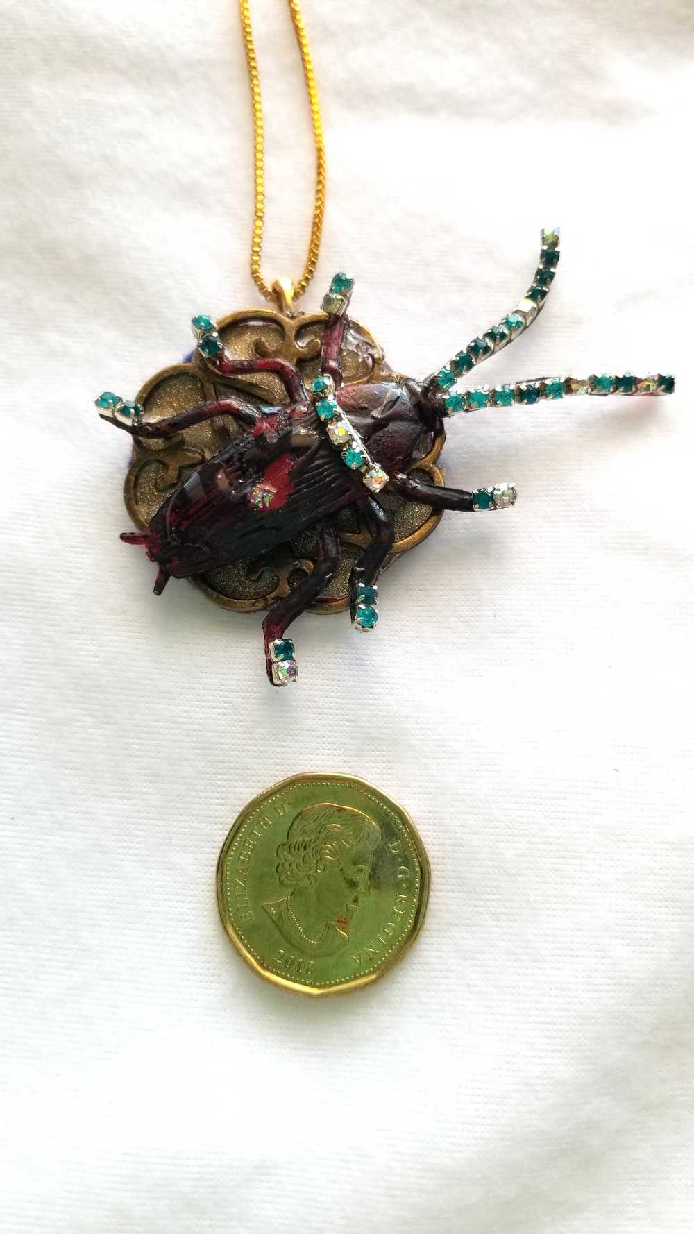 Beetle Bug Necklace for Halloween or Everyday Wear, Teal & Clear Rhinestones