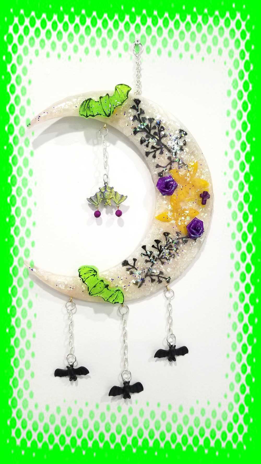 Resin Quarter Moon Bats, Spiders and Flowers