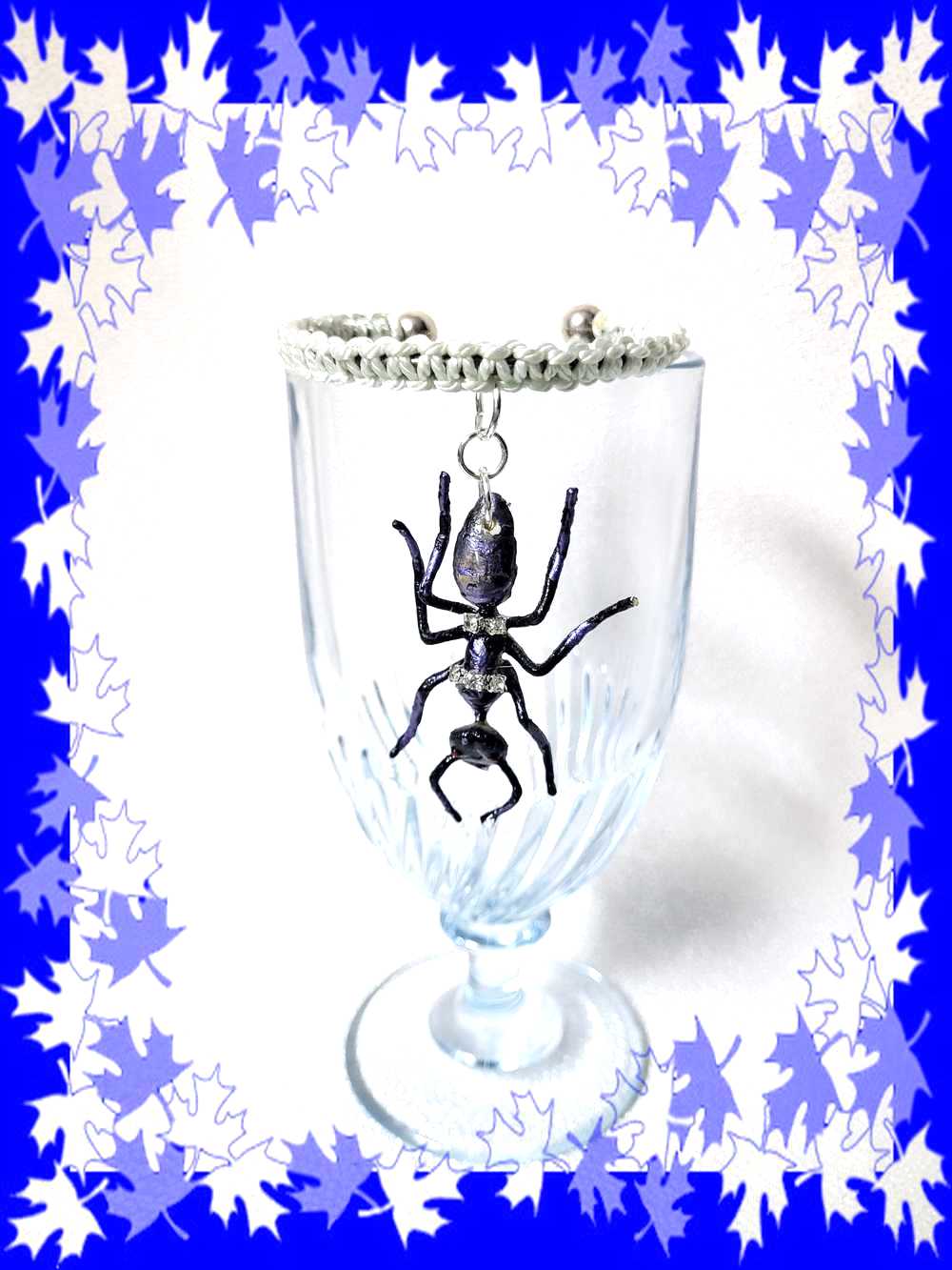 Giant Black Ant Bracelet Encrusted with Rhinestones For Halloween, Punk, Goth, White Braided Open Bangel