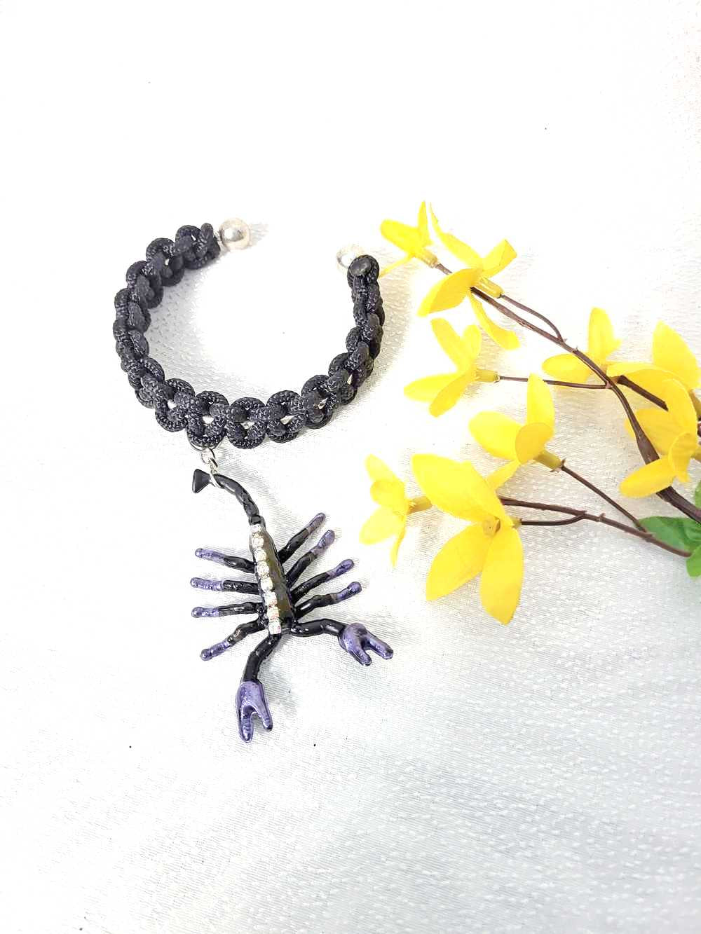 Creepy, Scary, Black Braided Open Bracelet with a Black & Purple Gem Encrusted Scorpion for Halloween or Everyday Wear