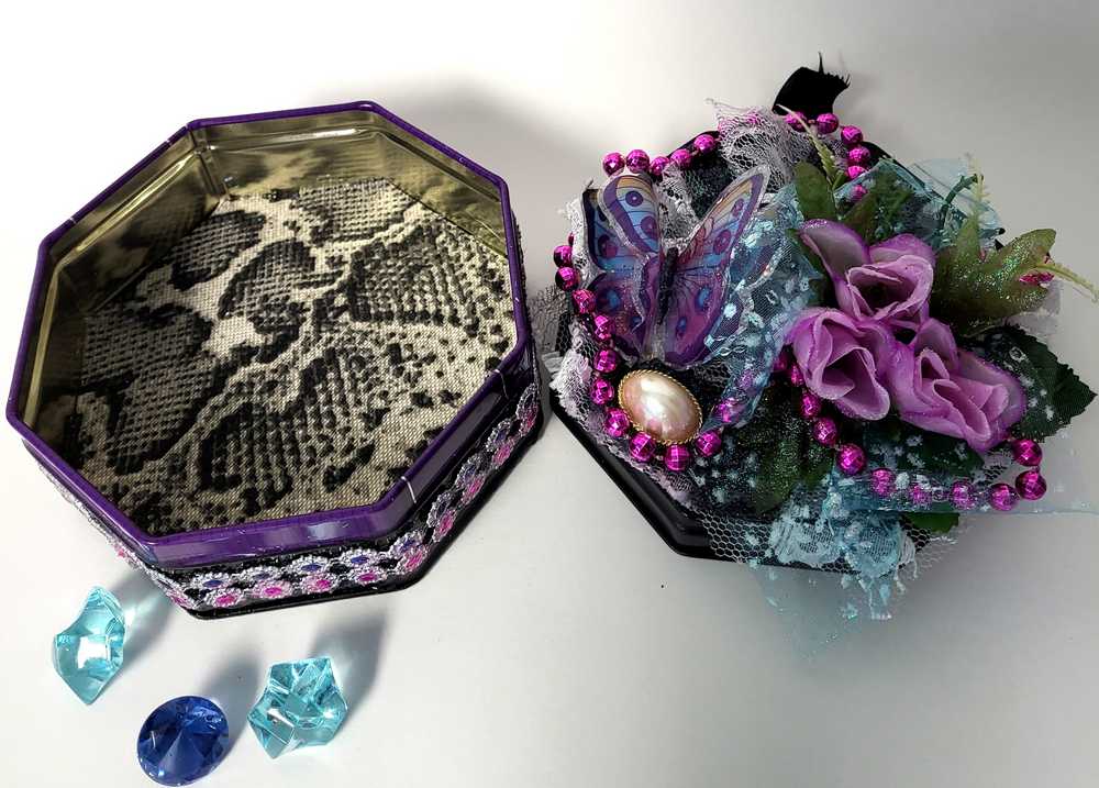 Black Tin Octagon Jewelry, Trinket, Stash Box with Snake Print, Roses and A Butterfly