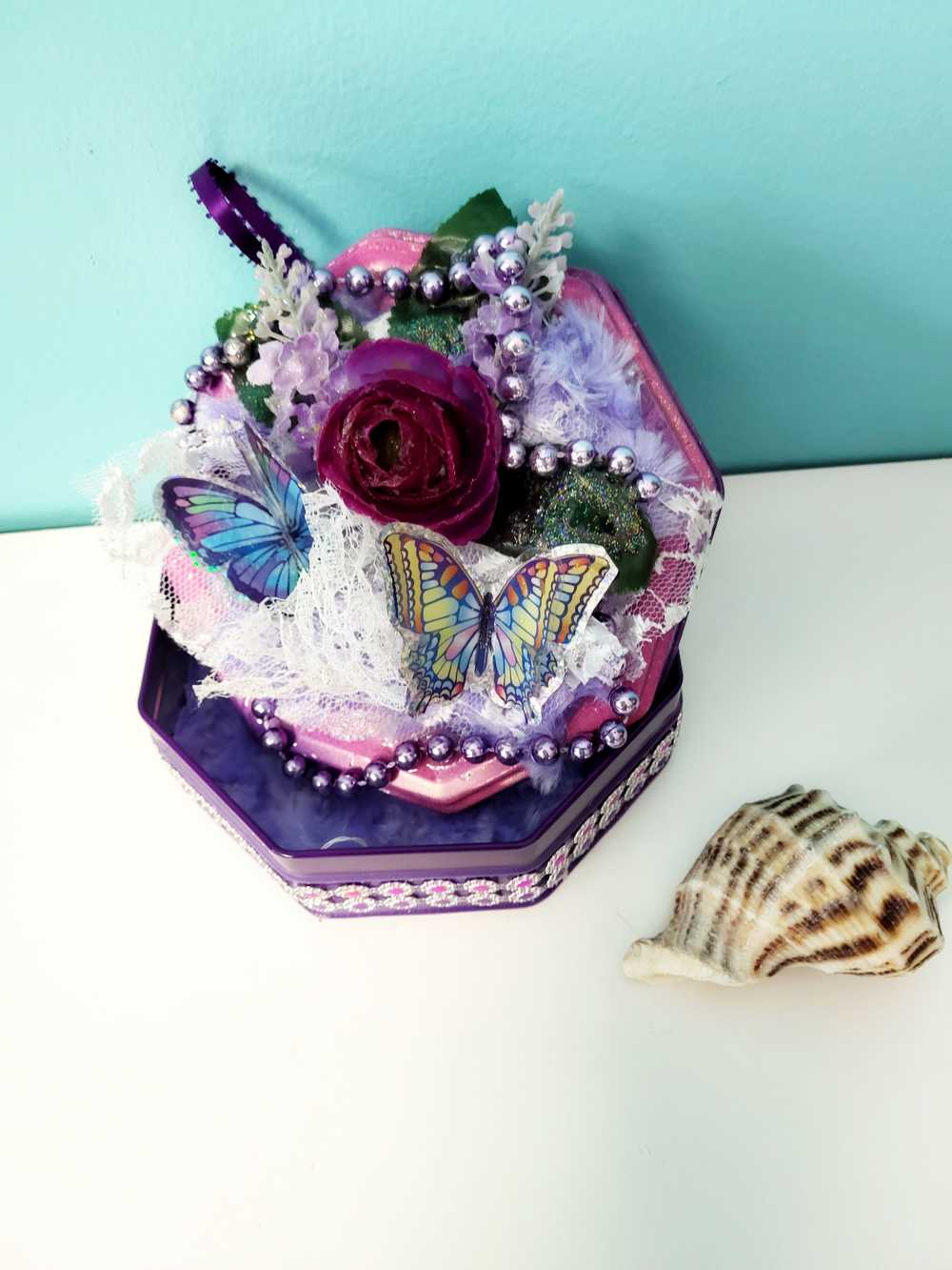 Tin Box Repurposed into a Jewelry Box, Two Butterflies and Deep Purple Rose on Lace