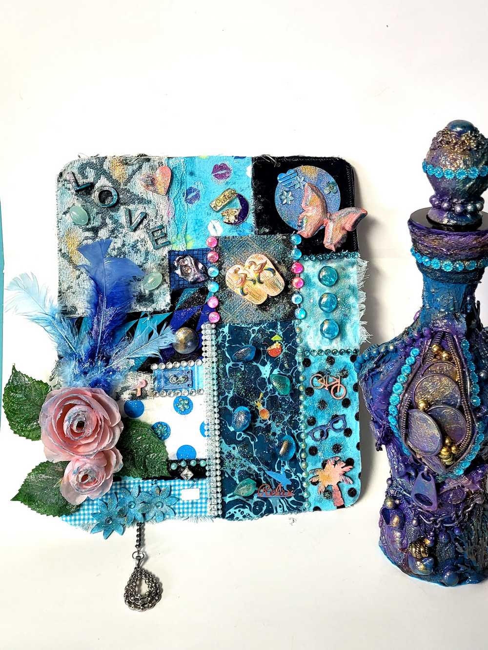 "SWEET TREAT" Wall Collage Hanger using Fabrics in Soft Blues and Teals, Wall Art