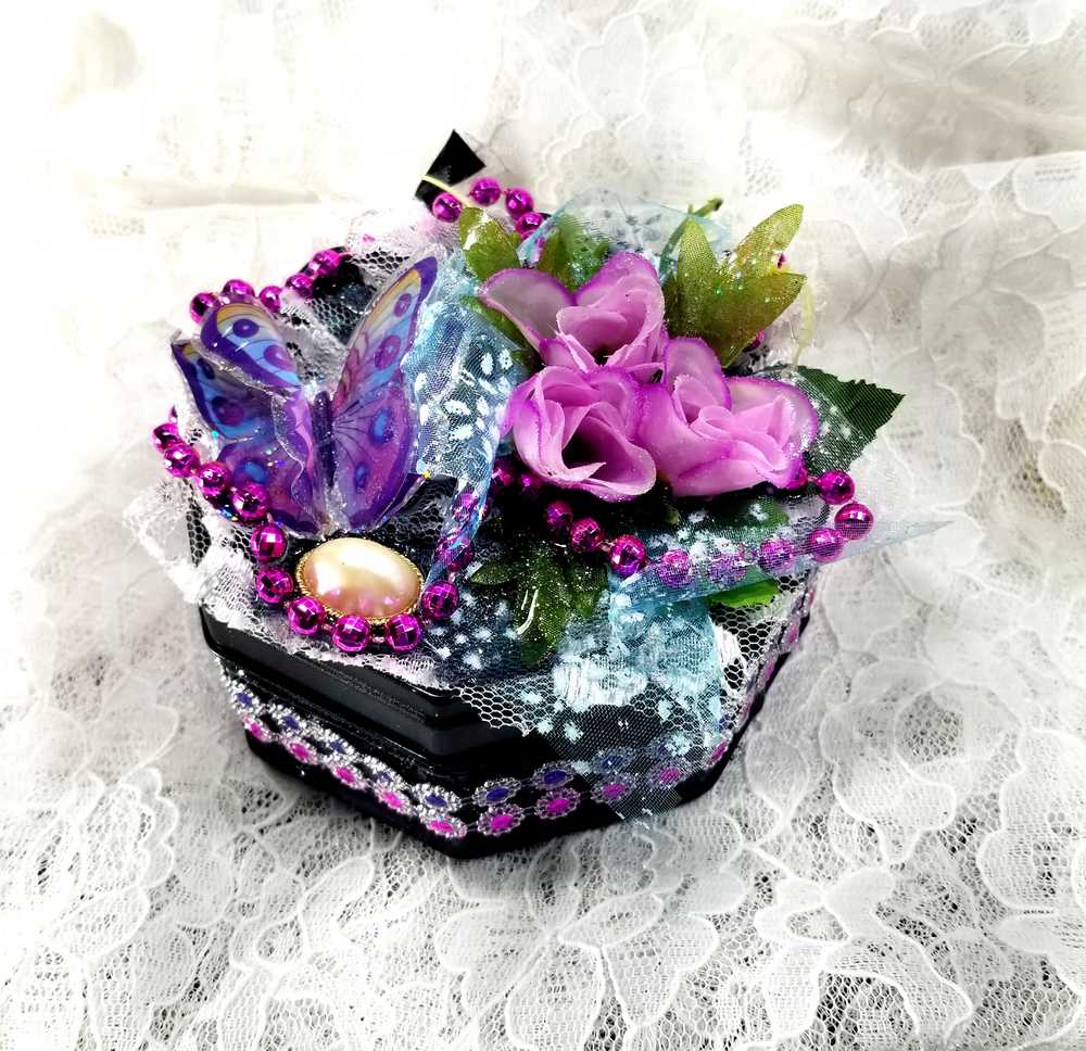 Black Tin Octagon Jewelry, Trinket, Stash Box with Snake Print, Roses and  A Butterfly