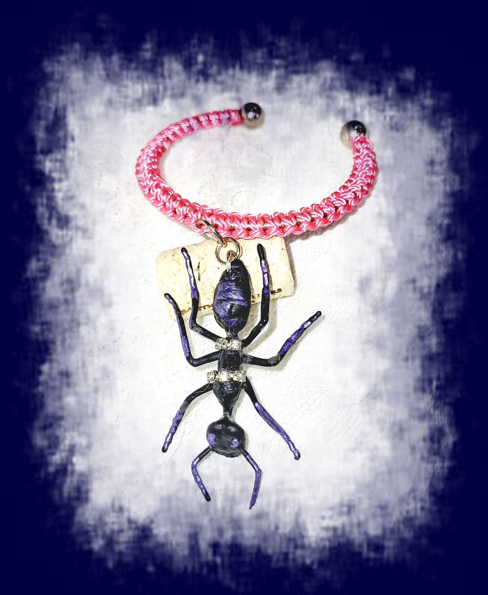 Eerie, Creepy Braided Pink Adjustable Bracelet with an Enormous Black Ant with Hint of Purplle Accents and Clear Rhinestones Across its Back