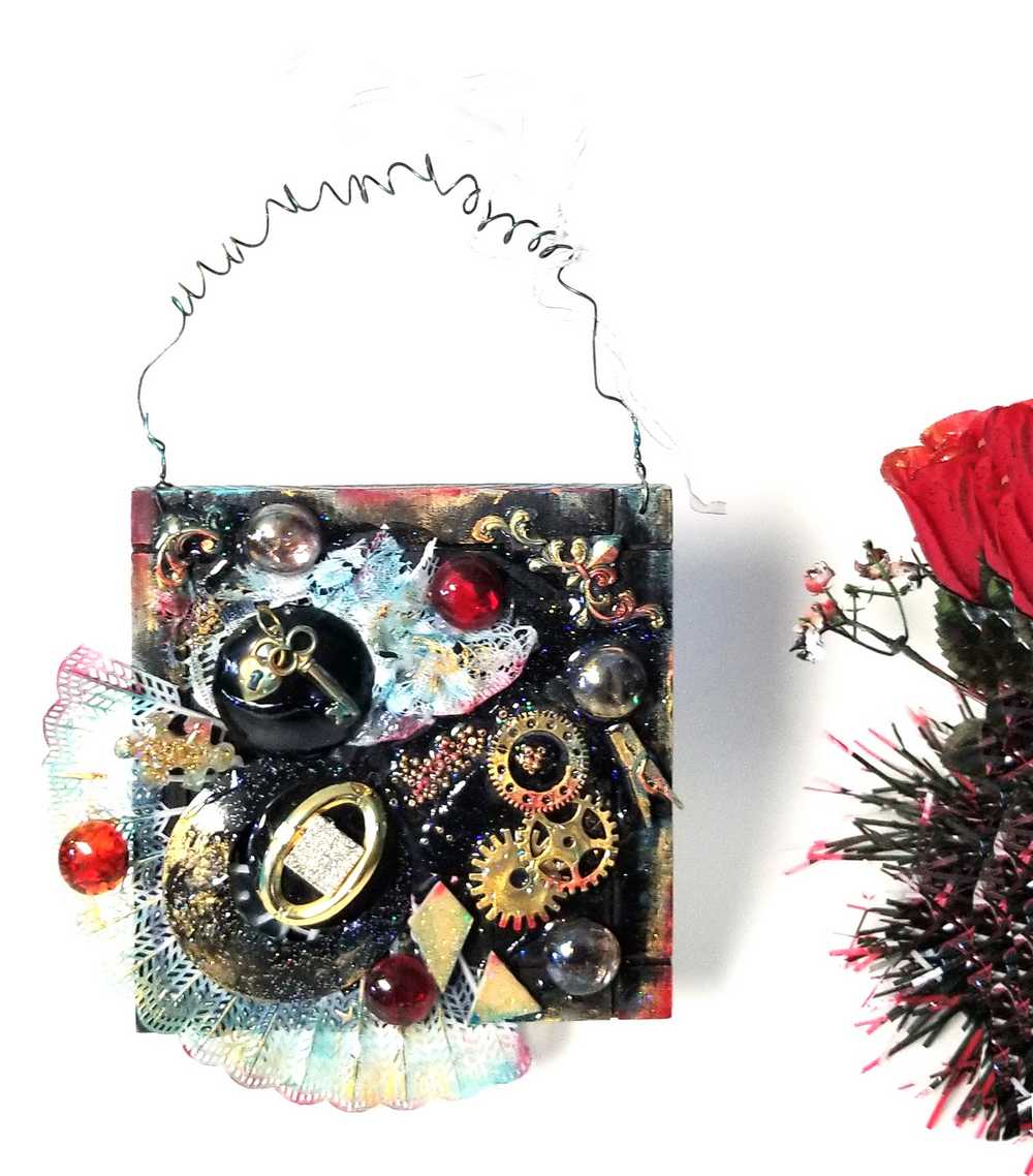 Black Gothic Wall Plaque with Gears, Buttons, Lace, Keys and Recycled Jewelry, Curly Wire for Hanging