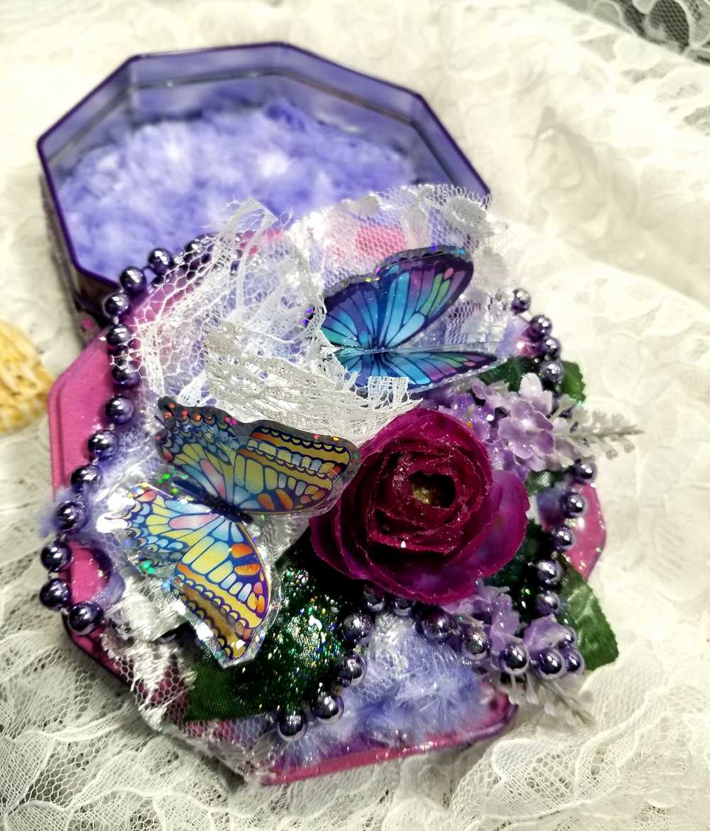 Tin Box Repurposed into a Jewelry Box, Two Butterflies and Deep Purple Rose on Lace