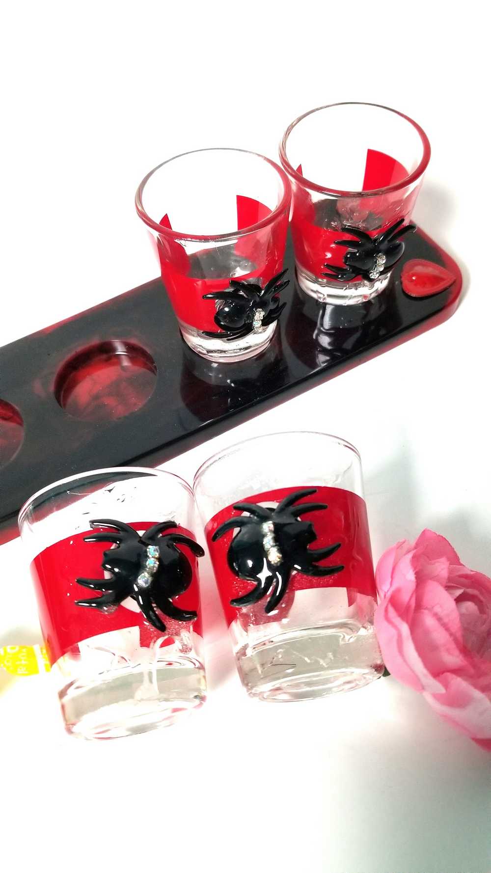 4 Shot Glasses in Red with Black Spiders with Rhinestones