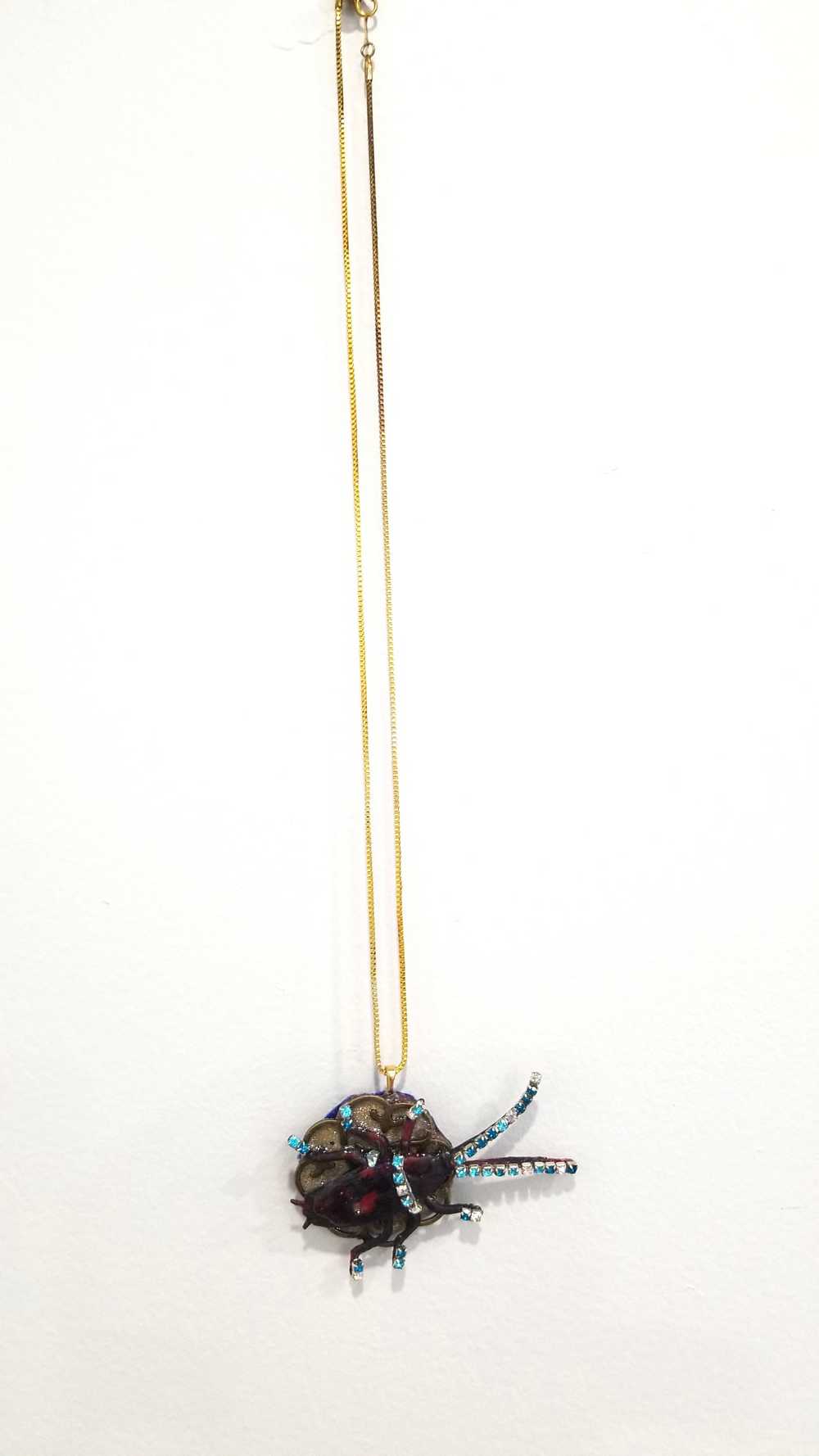 Beetle Bug Necklace for Halloween or Everyday Wear, Teal & Clear Rhinestones