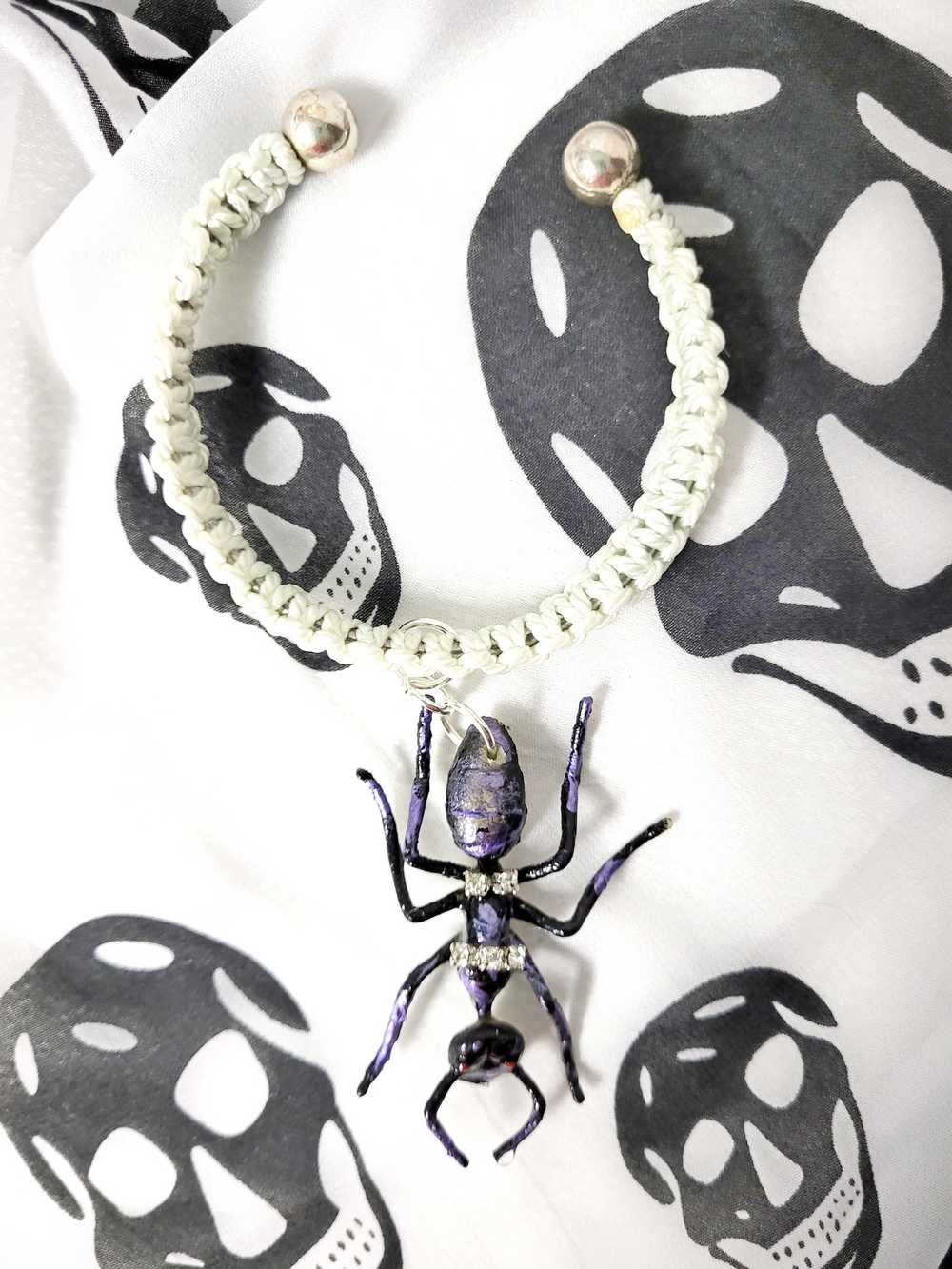 Giant Black Ant Bracelet Encrusted with Rhinestones For Halloween, Punk, Goth, White Braided Open Bangel