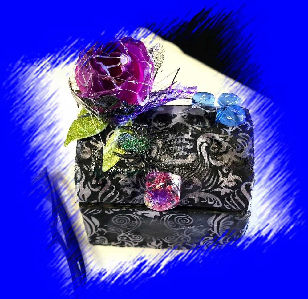 Hump Back Jewelry, Stash, Trinket Box, Covered with Black Skull Fabric, a Purple Rose, Blue Glass Cabochons, Spider,