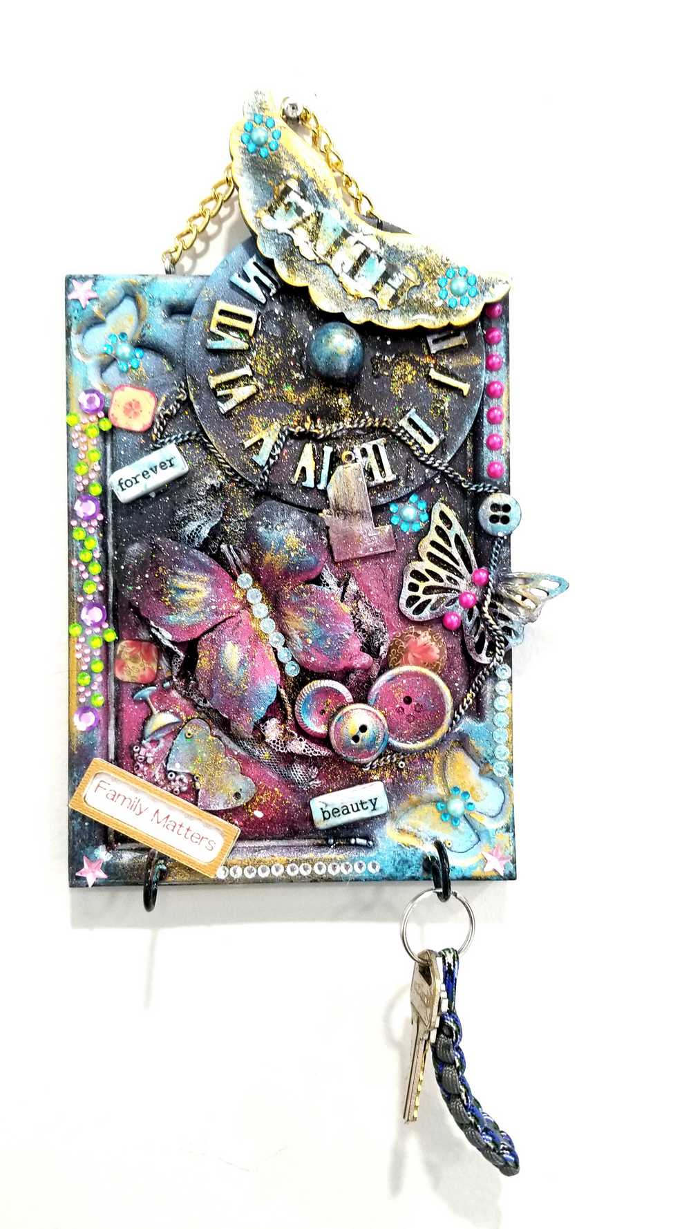 "Faith" Wood Wall Decor With Clock Face, Angel Wings & Butterflies, with Key Hooks