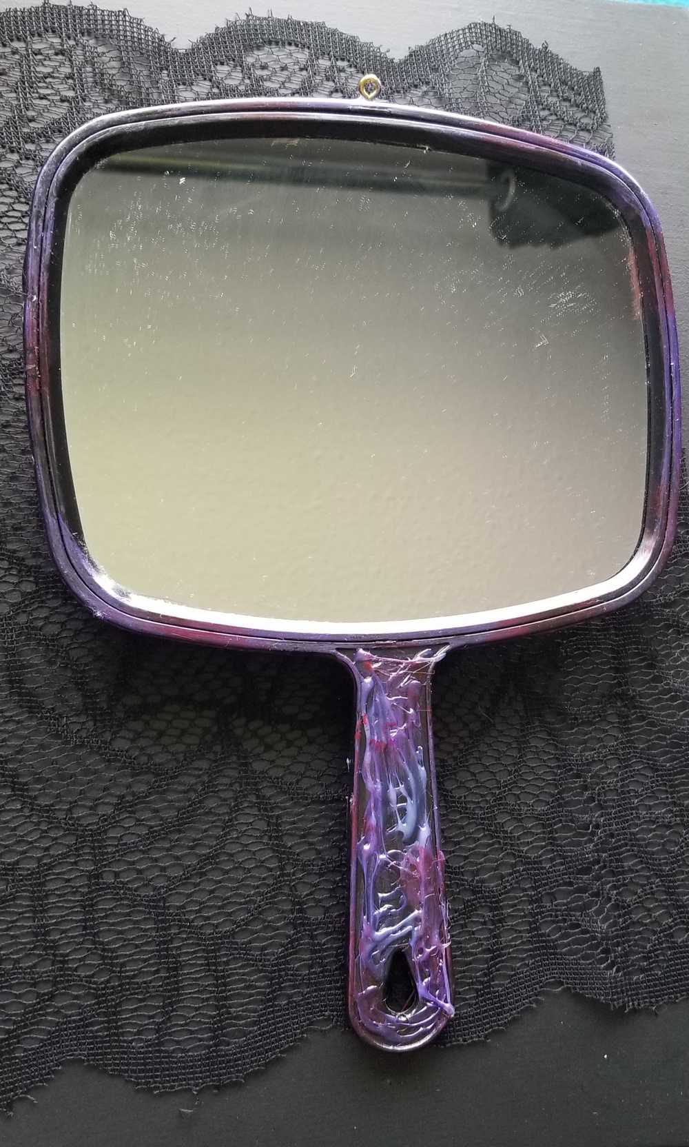 Black Studded Hand Held Mirror with Rats and Purple Flowers. Punk Art