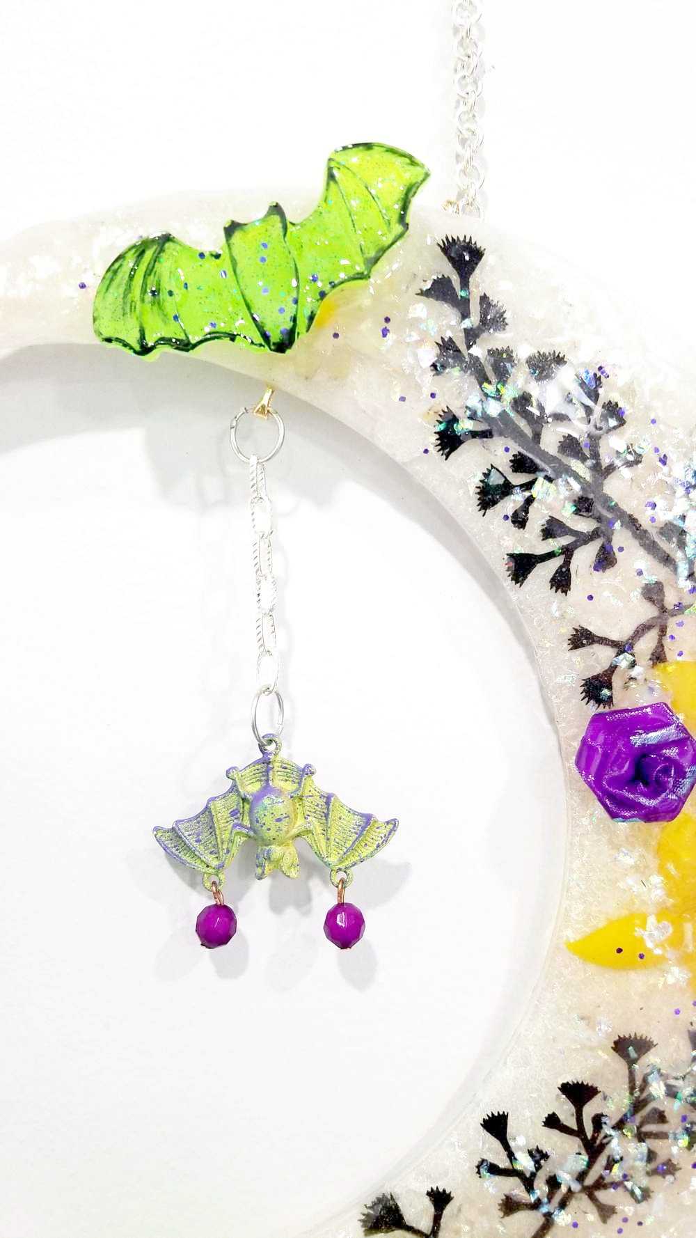 Resin Quarter Moon Bats, Spiders and Flowers