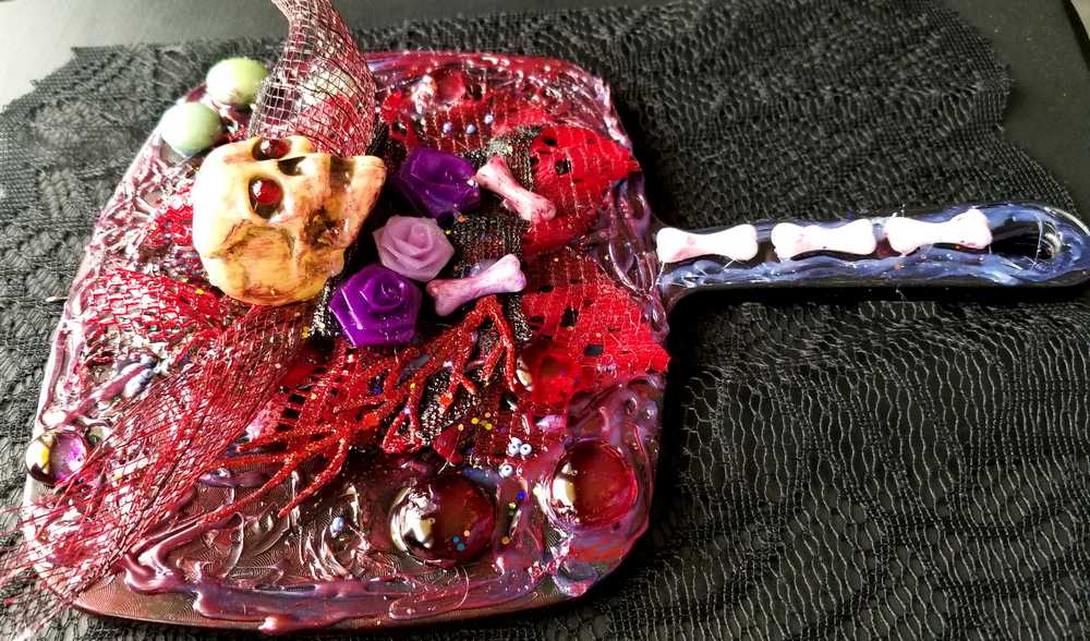 Black Hand Mirror, with Skull, Bones, Black & Red Lace, Goth Art
