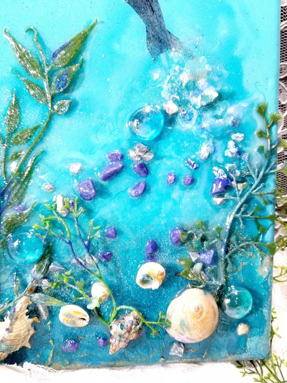 3D Canvas Resin Art with a Silhouette of a Dolphin, Seashells, Rocks and Foliage, 30 x 40 cm