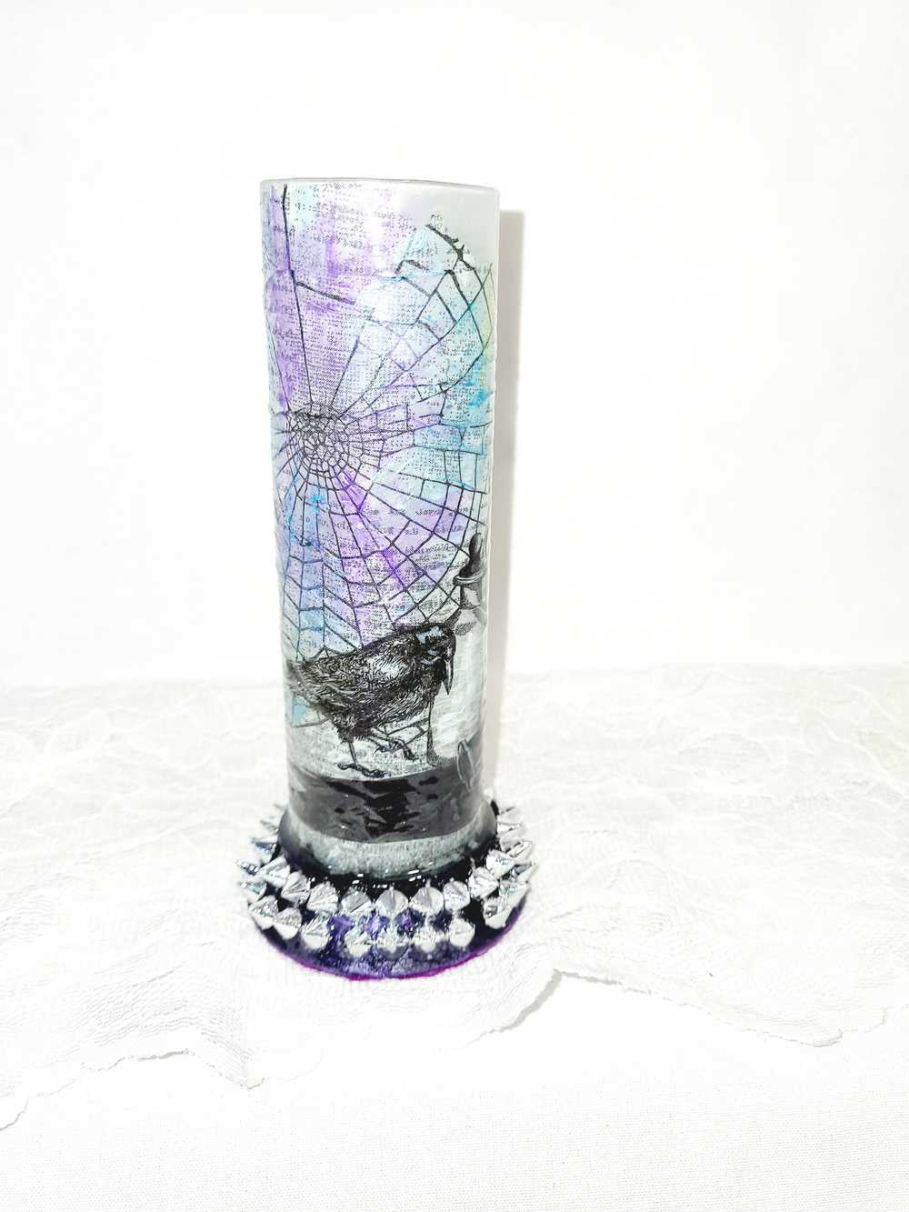 Glass Vase with Decoupage Crow, Potion Bottles, Candles, Cobwebs and Silver Studs, Gothic, Punk, Witch