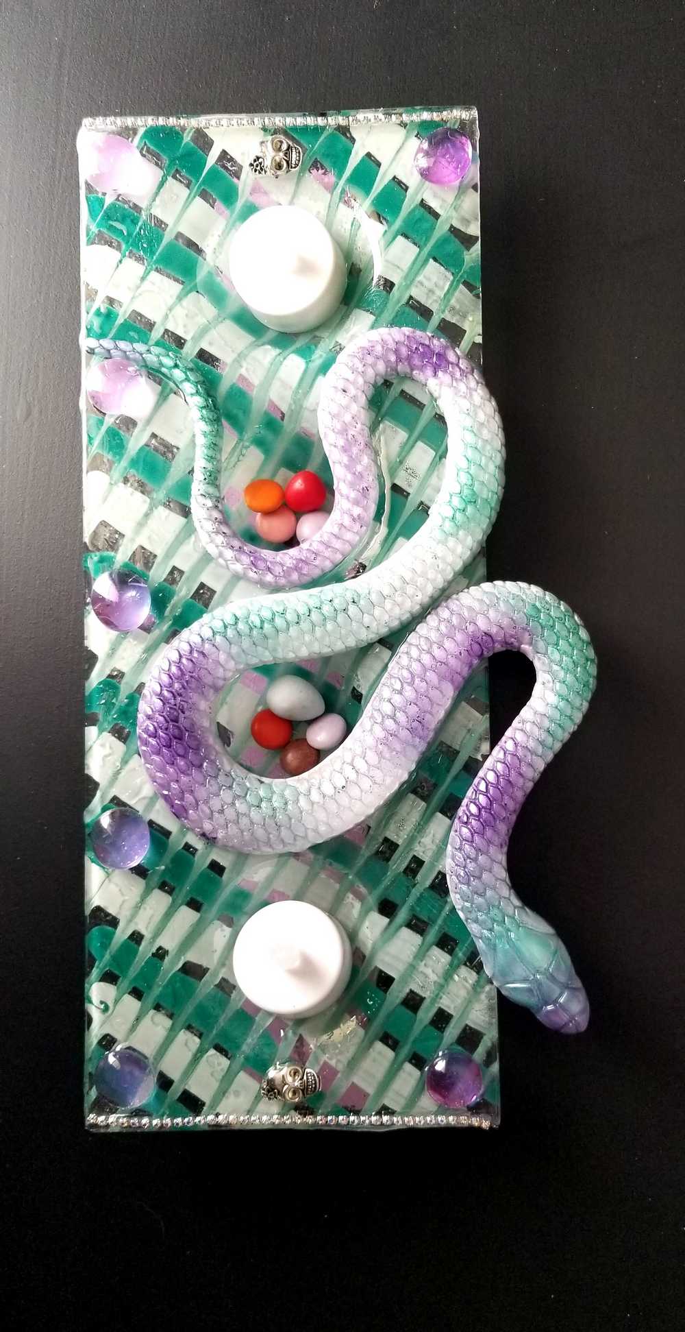 Teal & Purple Glass 4 Candle Holder with Resin Snake, Candy Dish