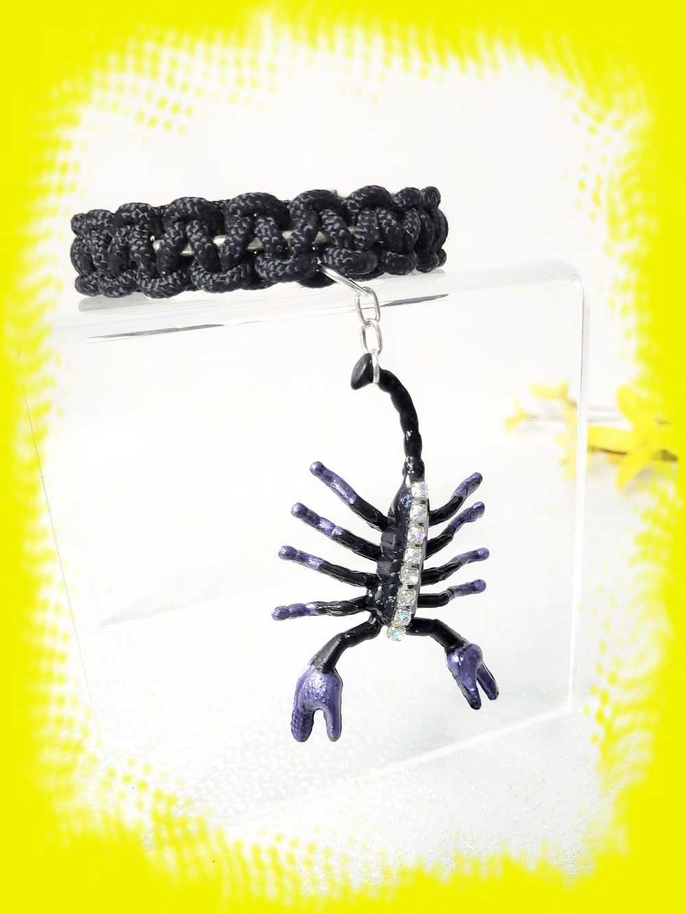 Creepy, Scary, Black Braided Open Bracelet with a Black & Purple Gem Encrusted Scorpion for Halloween or Everyday Wear
