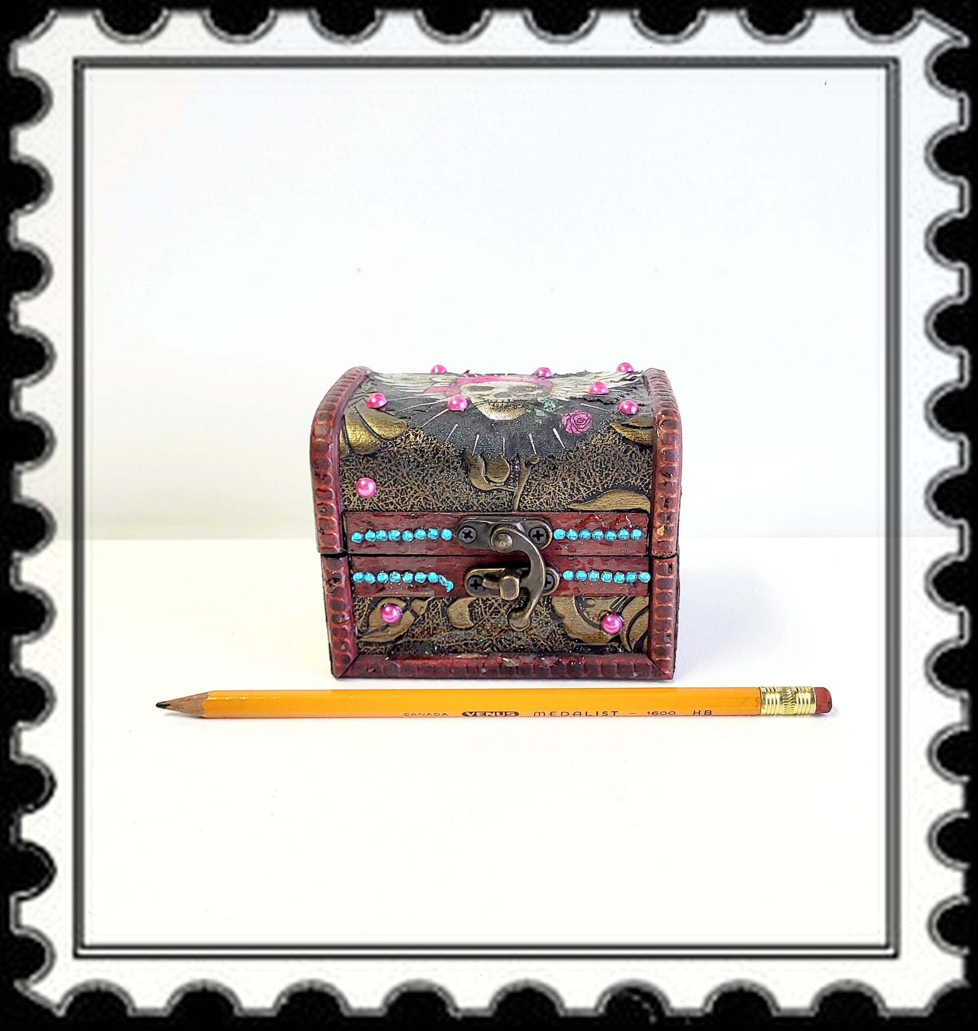 Business Card Holder like no other.  Fabric Skull with Wings Wearing a Burgundy Head Scarf