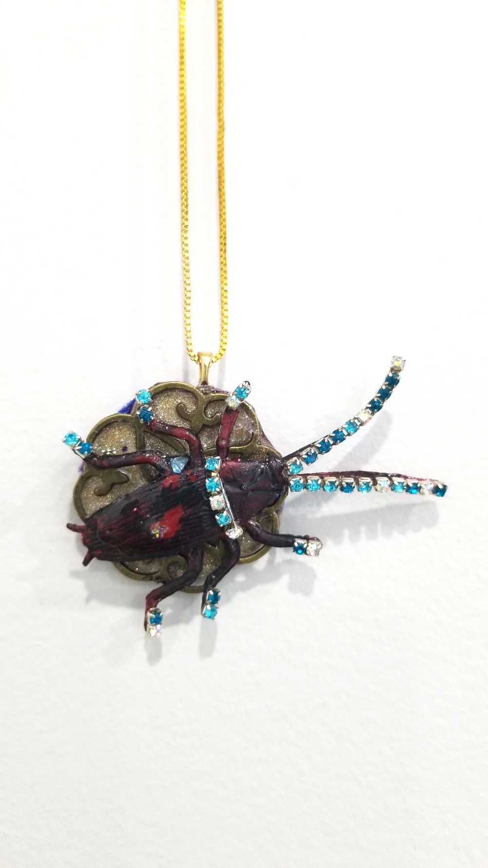Beetle Bug Necklace for Halloween or Everyday Wear, Teal & Clear Rhinestones