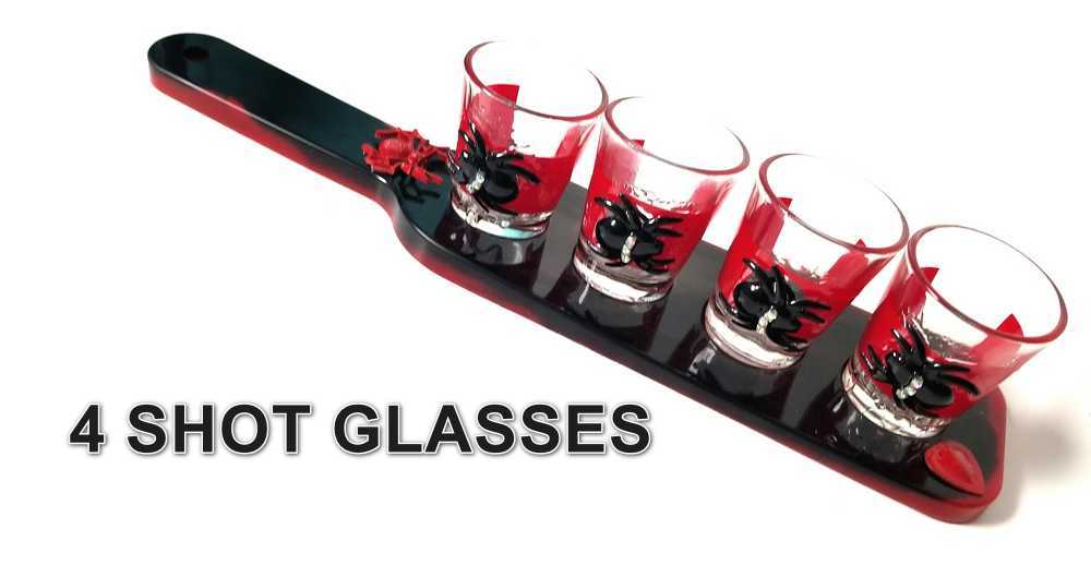 4 Shot Glasses in Red with Black Spiders with Rhinestones