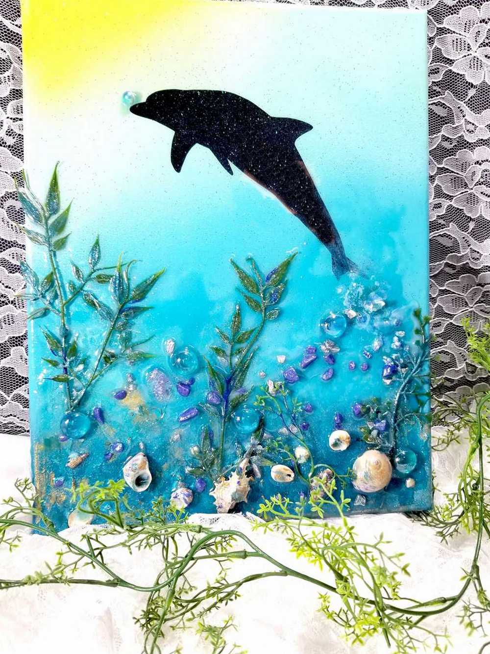 3D Canvas Resin Art with a Silhouette of a Dolphin, Seashells, Rocks and Foliage, 30 x 40 cm