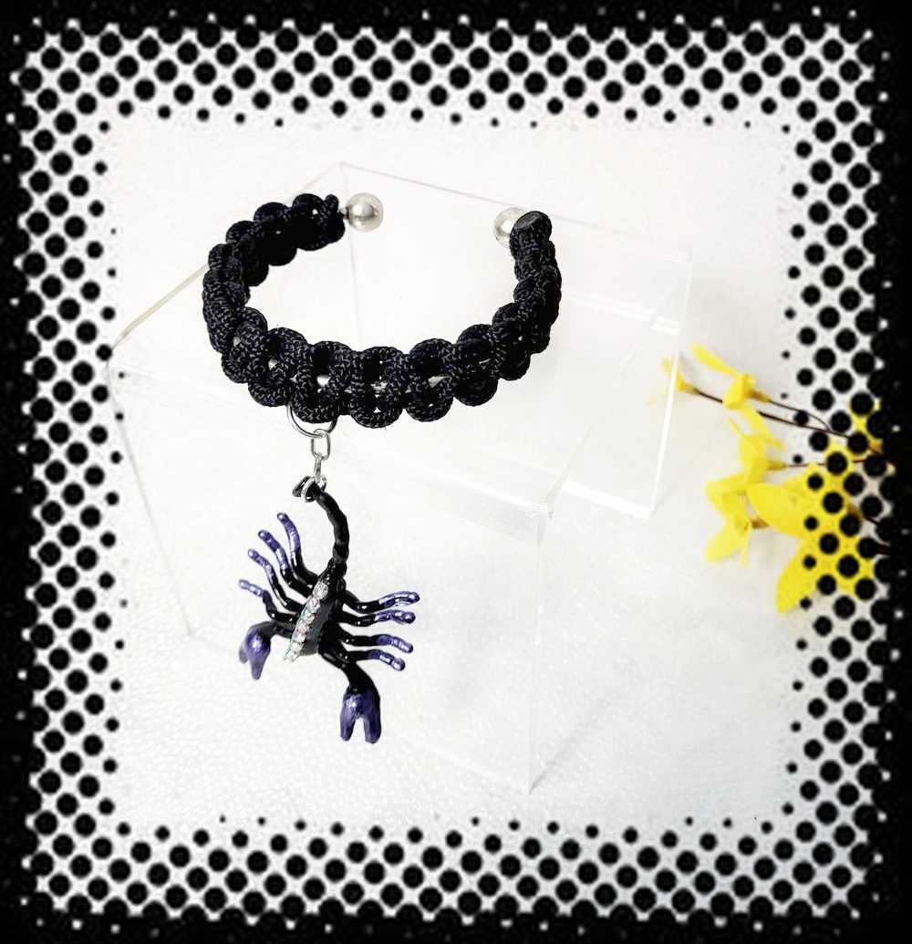 Creepy, Scary, Black Braided Open Bracelet with a Black & Purple Gem Encrusted Scorpion for Halloween or Everyday Wear