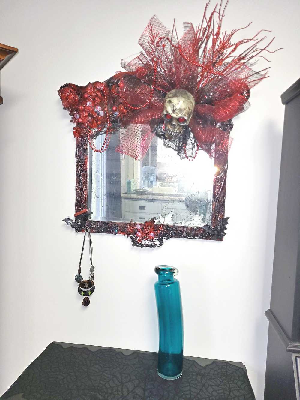 Large Antique Refurbished Skull Mirror in Red and Black with Bats & Spiders