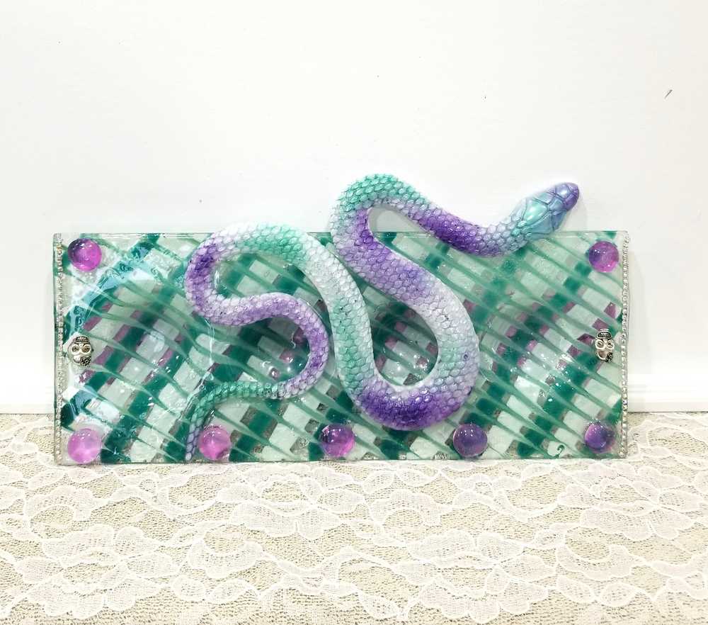 Teal & Purple Glass 4 Candle Holder with Resin Snake, Candy Dish
