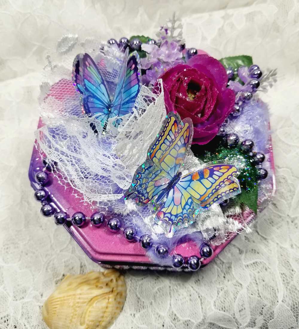 Tin Box Repurposed into a Jewelry Box, Two Butterflies and Deep Purple Rose on Lace