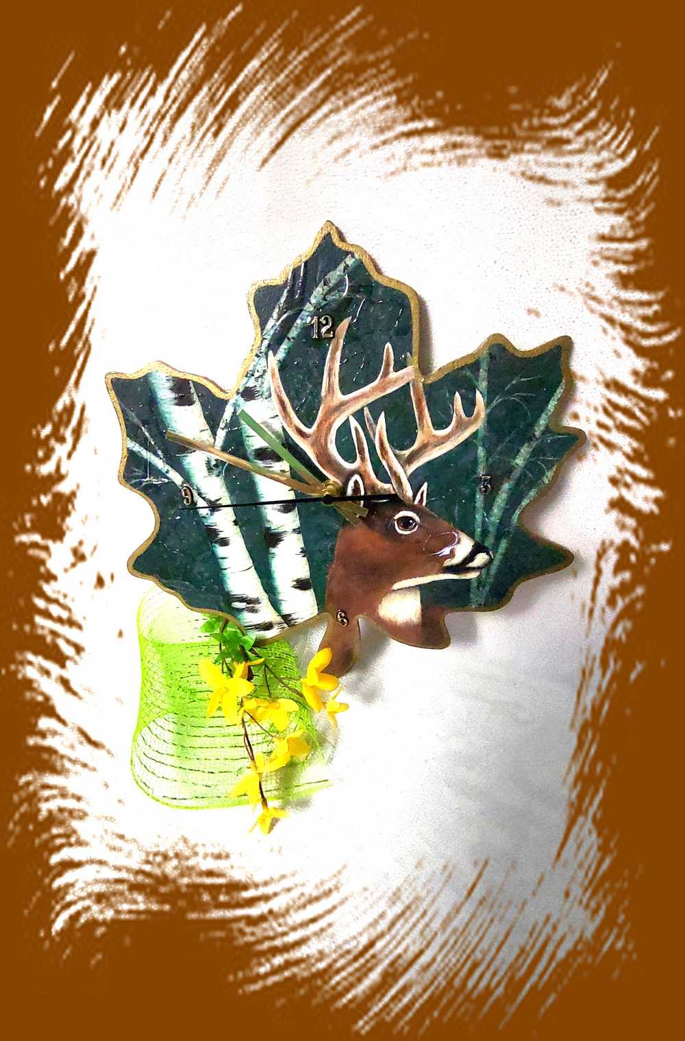 10 Point Buck, Hand Painted, Original Design Deer Clock on Wooden Leaf