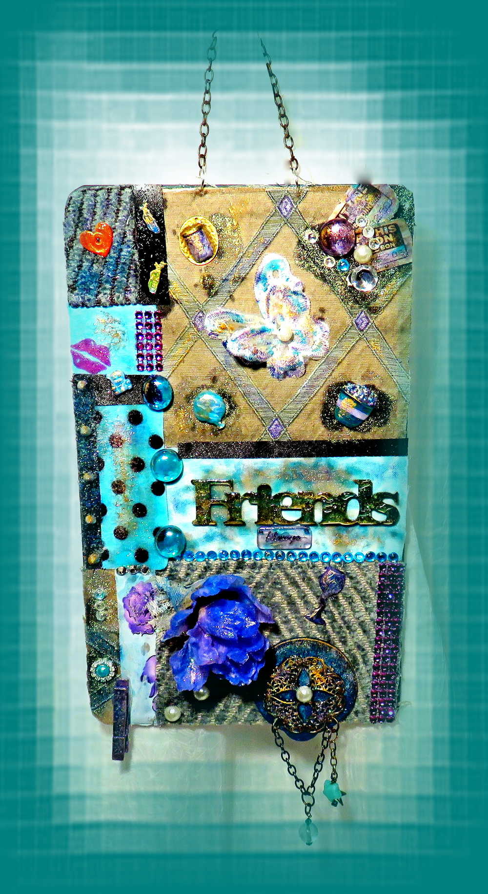 "Friend's" Wall Hanging Collage Using Fabrics In Blues, Purples and Teals, and Holds your "BEST FRIENDS" Photo