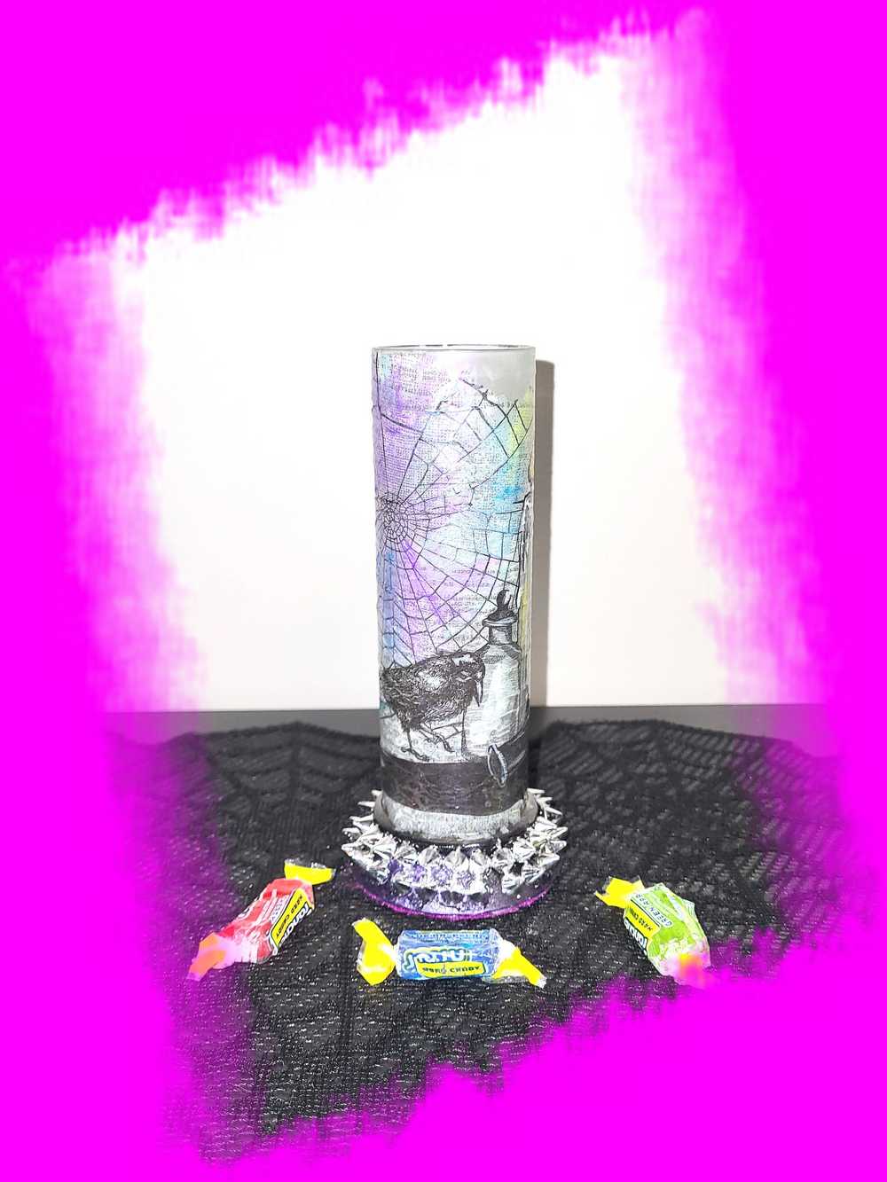 Glass Vase with Decoupage Crow, Potion Bottles, Candles, Cobwebs and Silver Studs, Gothic, Punk, Witch