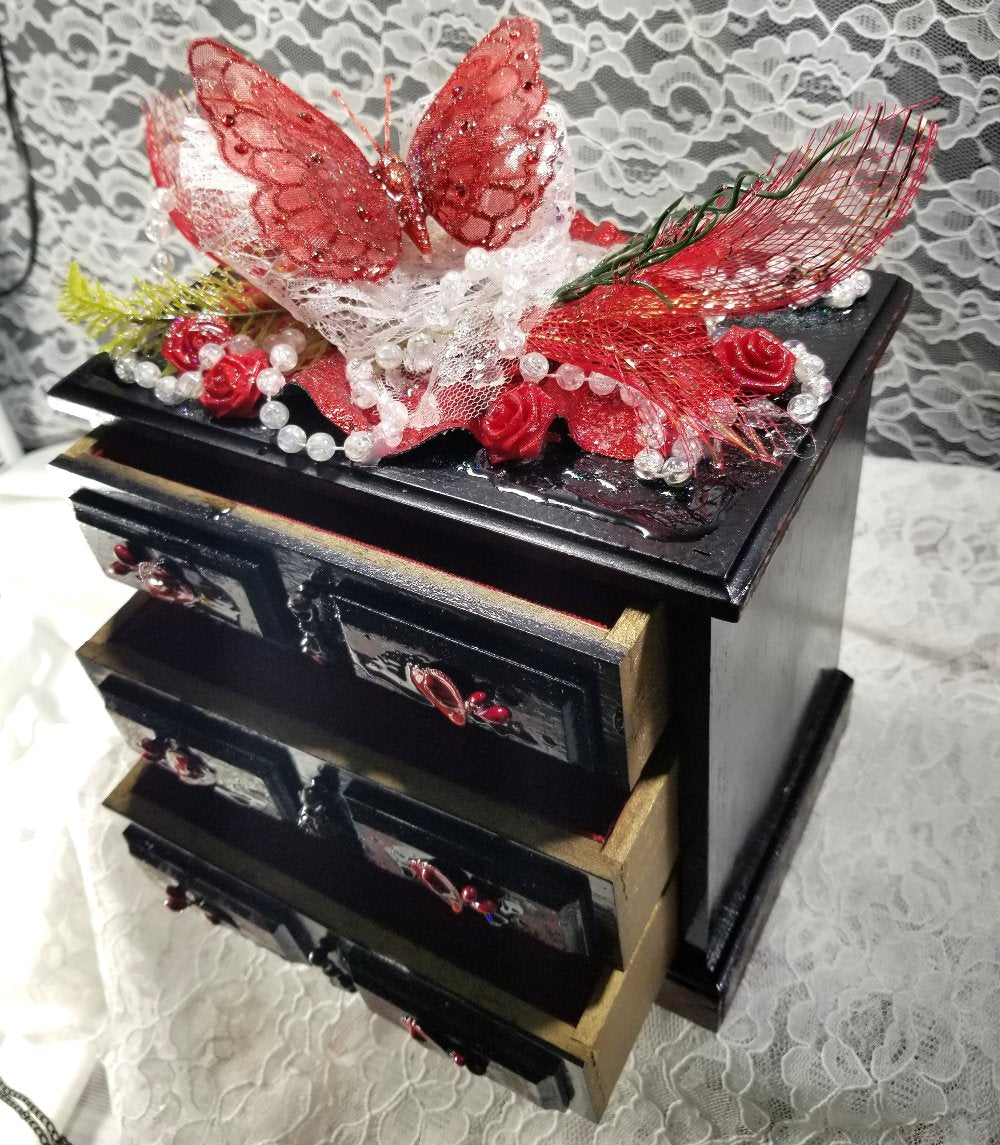 Black & Red 3 Drawer Ladies Jewlery Box with a Red Butterfly, Red & White Lace with Hearts on the Handles
